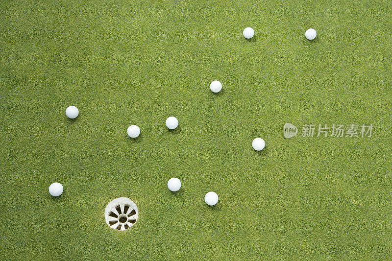 球座周围果岭上的高尔夫球，俯视图