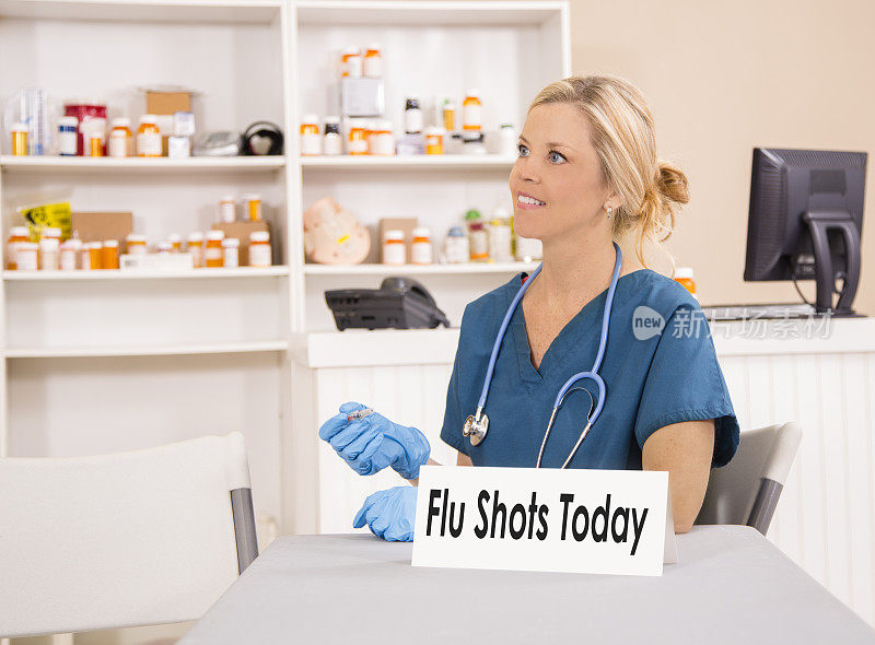 护士在当地药房为病人准备流感疫苗。