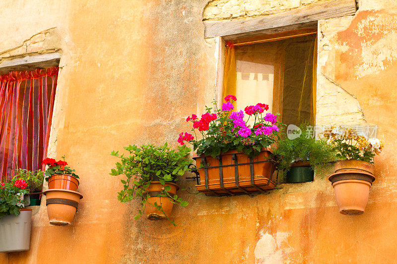 德鲁塔，翁布里亚老城:橙色的墙，窗户，花盆