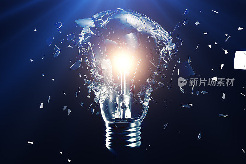 蓝色背景下的灯泡爆炸，概念创意思维和创新解决方案。三维渲染