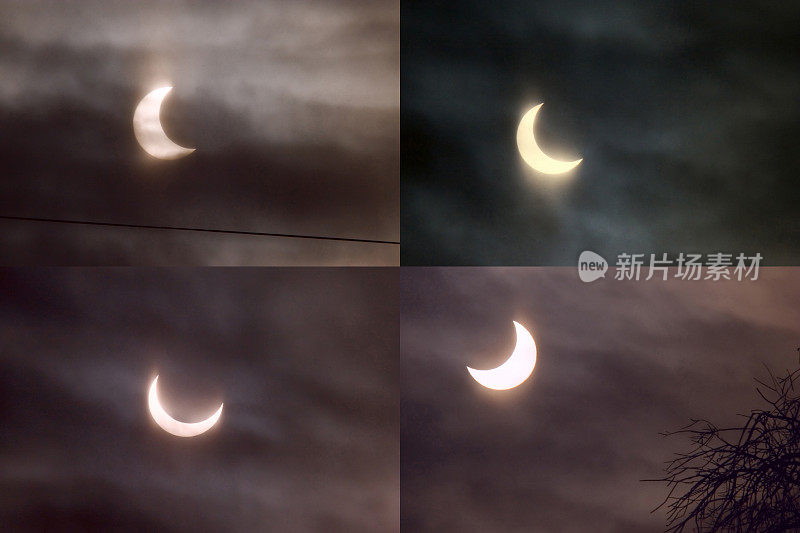 2011年1月4日，在莫斯科(俄罗斯)，由四个面板显示的日偏食的不同阶段。透过云层，可以看到部分被月亮圆盘遮住的太阳。