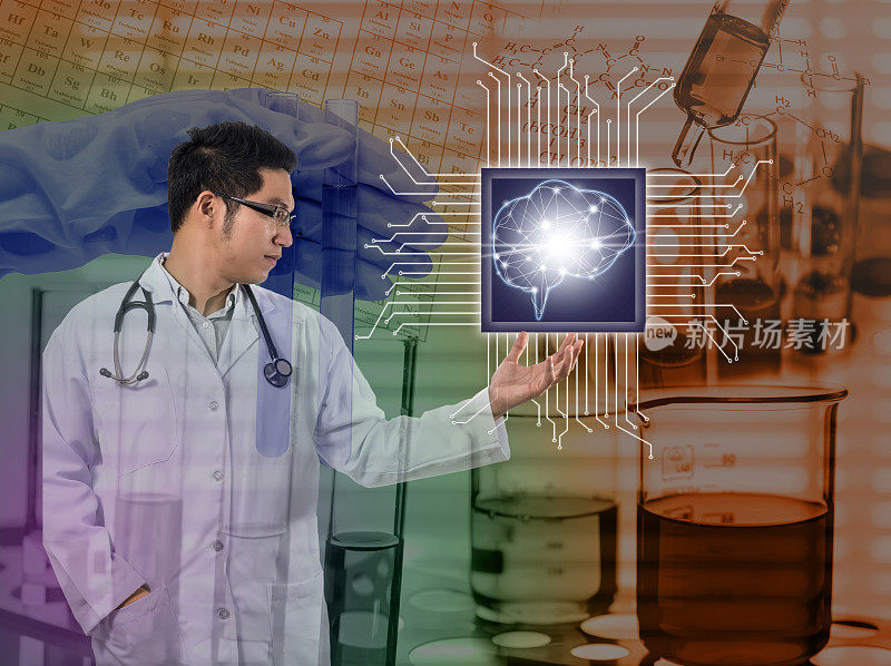 亚洲医生与听诊器设备手握人工智能大脑技术在化学实验室，科学家滴液体到试管，人工智能和医生的概念