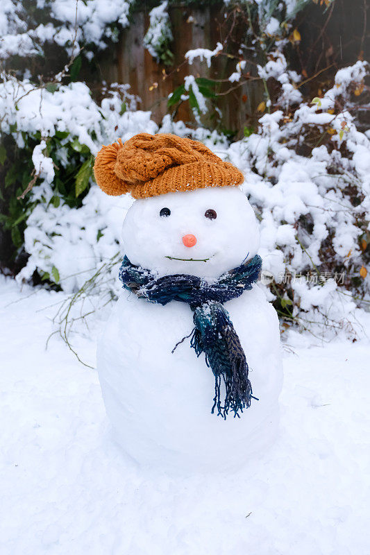 可爱的雪人在一个英国花园，牛津郡，英国