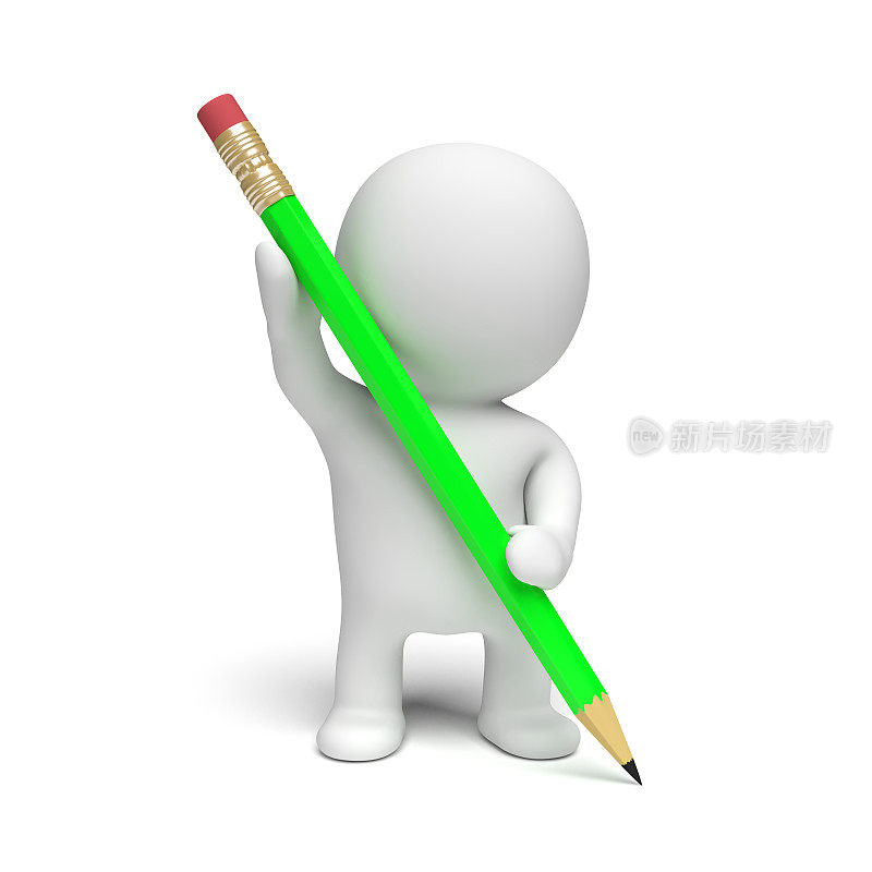 白色3d人拿着一个绿色的大铅笔