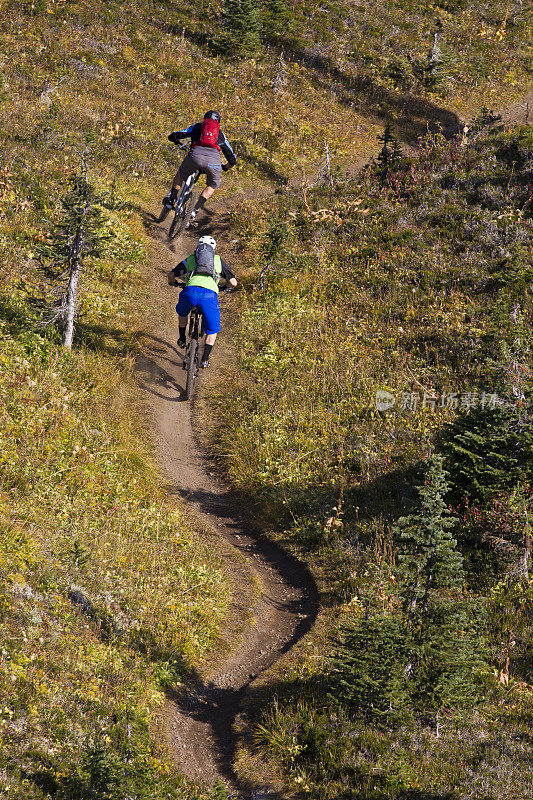 两名男子在加拿大落基山脉的山地车道上比赛。