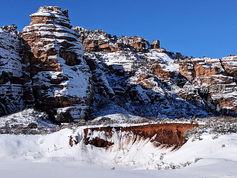 犹他州锡安国家公园的科洛布露台上的胡豆和其他有新雪的岩层