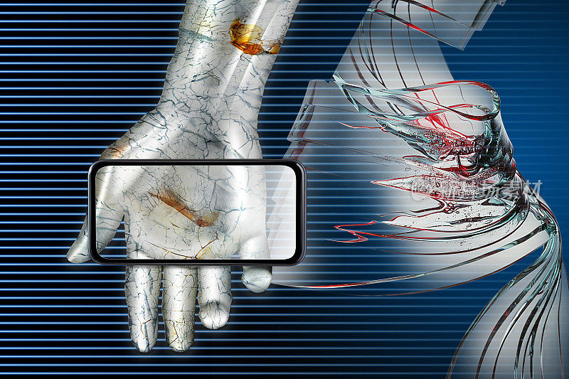 5克的未来形象。第五代移动通信系统的智能手机放置在一个金属机器人的手掌上。背景是远程医疗和智能手术的人体图像。毫米波并排排列。