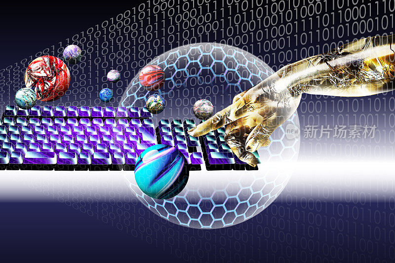 人工智能和纳米技术的原子和分子的球形图像。键盘被石墨烯和二进制代码包围着。机器人的手正指着一个原子。
