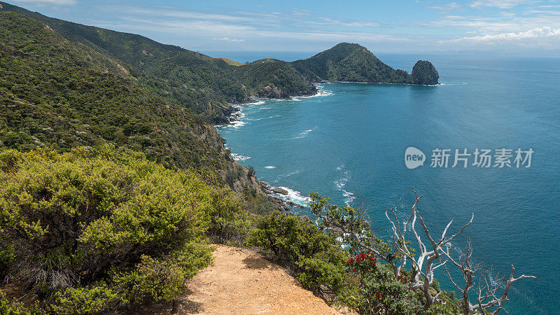 新西兰北岛科罗曼德尔半岛的北部海岸线。远处是(火山形成的)尖塔