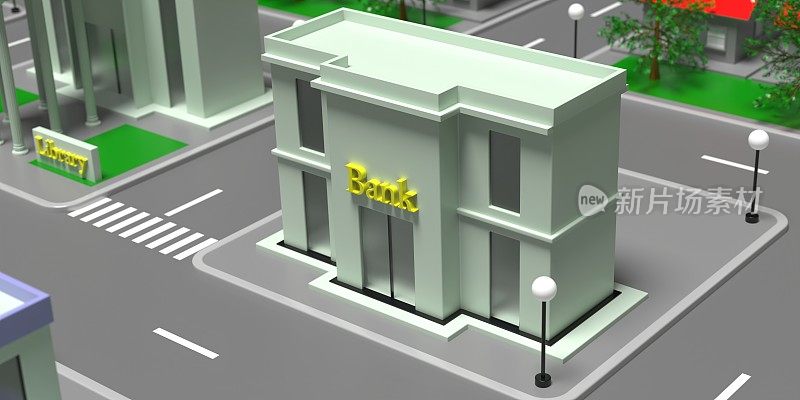 银行大楼在一个小城镇，房屋和街道的背景，3d插图
