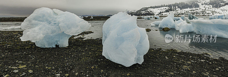 内列胡安冰川、内列胡安湖、楚加奇国家森林、威廉王子湾的冰山。搁浅的冰山，在岩石海滩上。