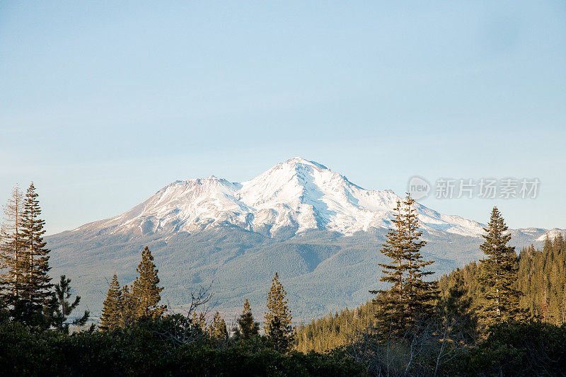 在傍晚的阳光下的沙斯塔山。