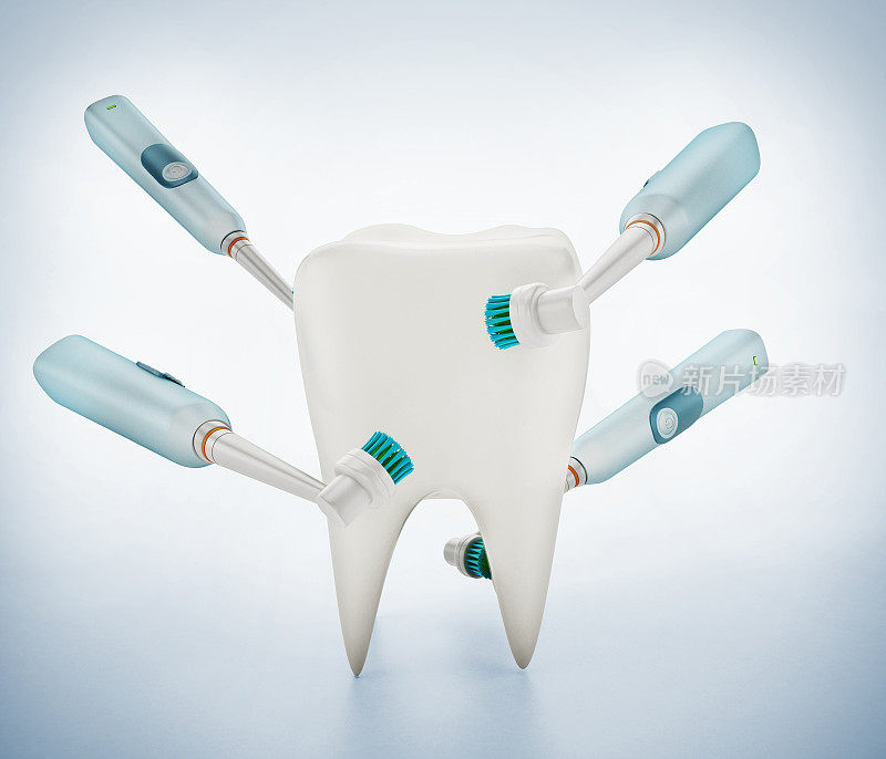 健康的人类牙齿和电动牙刷站在蓝色表面上