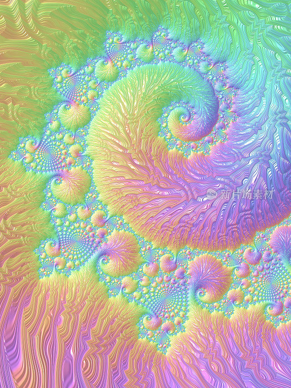 珊瑚礁多彩鹦鹉螺贝壳海漩涡图案粉彩彩虹扇贝海马可爱卷曲生长曼荼罗鹦鹉螺化石纹理棱镜波卡通背景想象重复分形美术