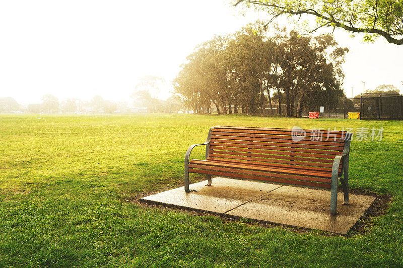 下雨天，美丽的公园里的木凳
