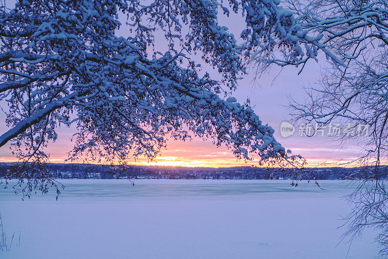 冬季景观和湖泊和城市公园的明亮日落。