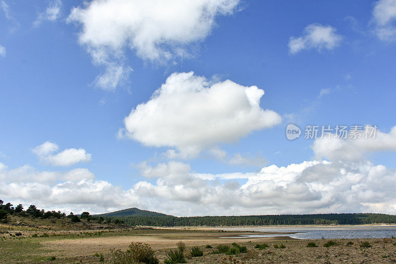 自然背景。湖，森林，山和天空的背景