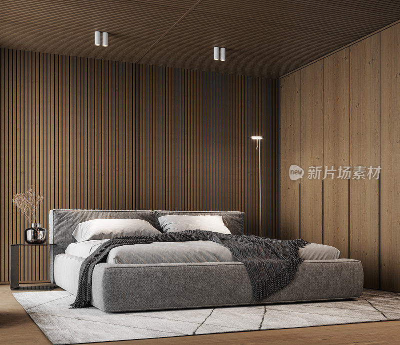 现代卧室室内设计。带木墙和天花板的卧室。