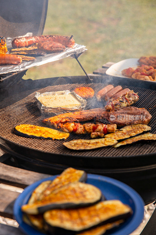 夏日花园烧烤派对，有香肠、肉和蔬菜