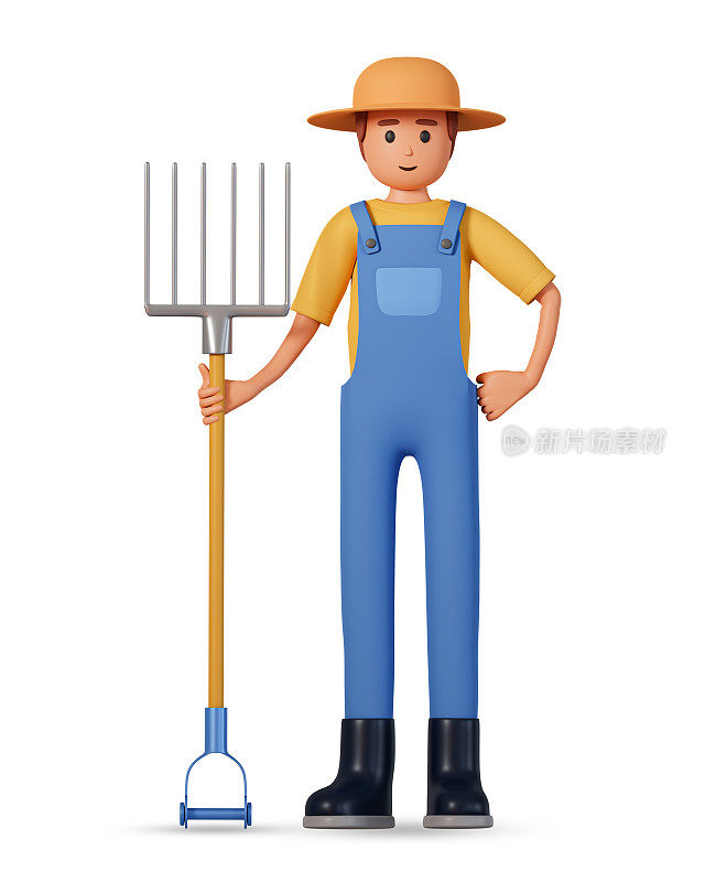 农民在工作服，帽子和胶靴举行干草叉前视图3d插图孤立的白色背景。三维插图的园丁男子手持干草叉