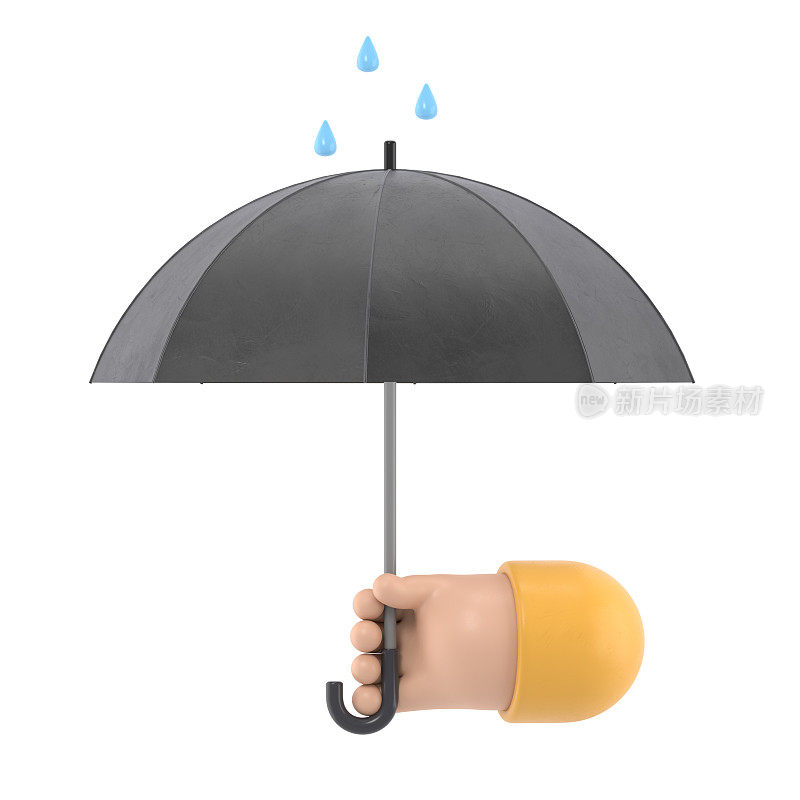 卡通手势图标模型。男人拿着伞的手。防雨，白色背景3D渲染。