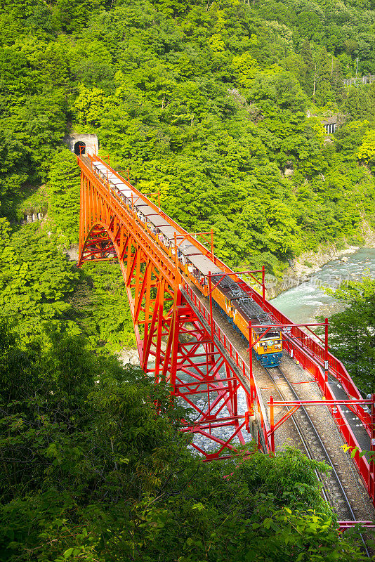 黑部山谷电车穿过新山彦桥，日本，富山县，黑部，富山，黑部峡谷
