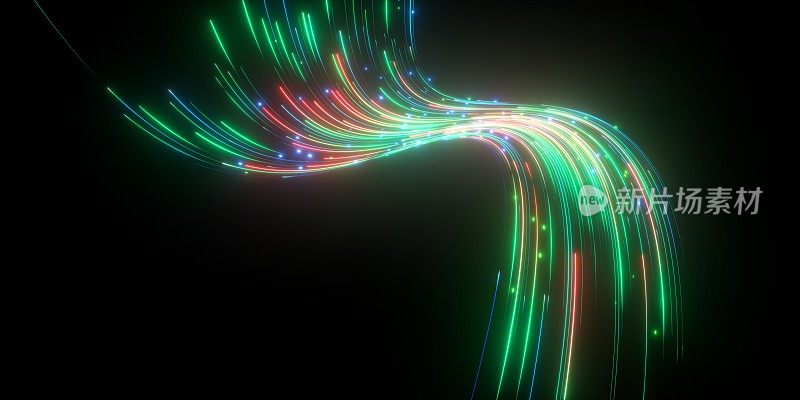3d渲染，抽象背景与绿色红色霓虹灯发光的波浪线。未来的壁纸