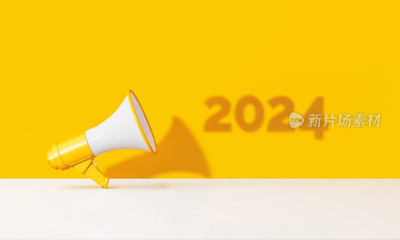 2024和黄色背景上的黄色扩音器