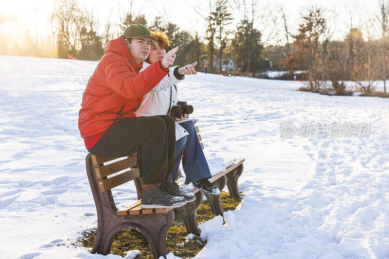 在阳光明媚的冬季公园里，自闭症年轻人和他妈妈的社交和交流向远处展示