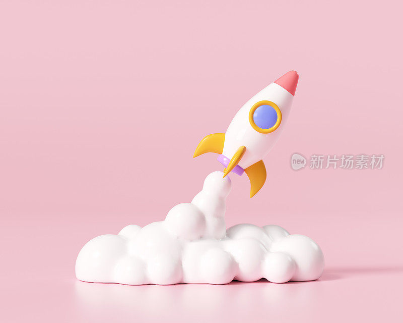 3D火箭发射在粉红色的背景，飞船图标，创业的商业概念。3d渲染图
