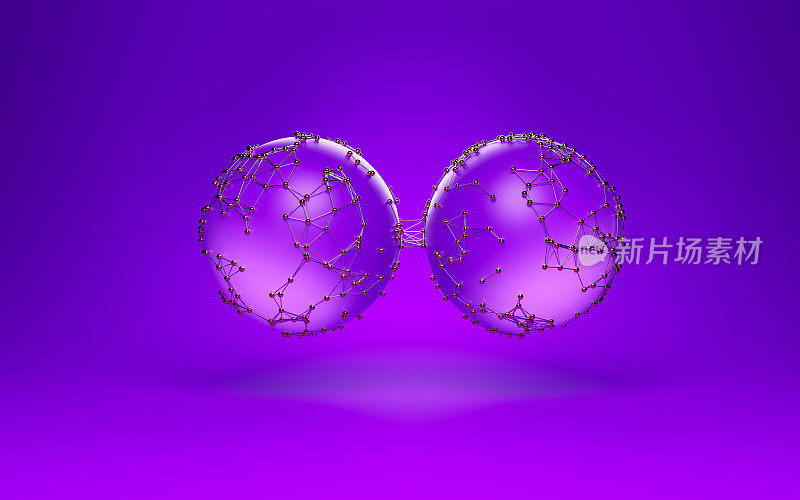 紫色球体覆盖的连接线和点在紫色的背景