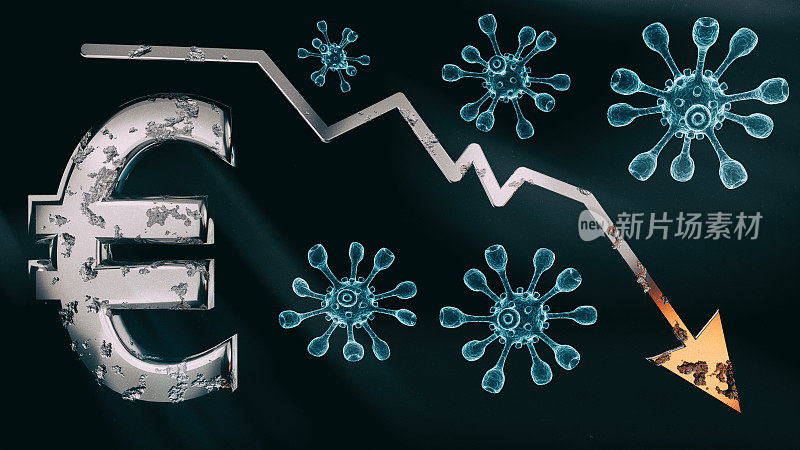 欧元货币符号、冠状病毒3d图像和金融市场崩溃图标的3d渲染黑色背景
