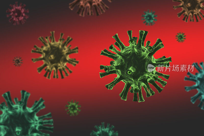 深红色背景为COVID-19、冠状病毒、病毒