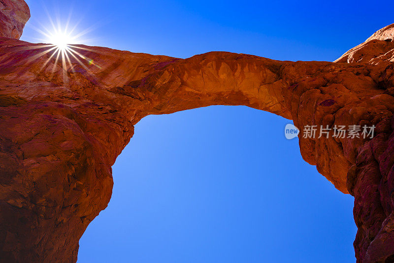 在阳光明媚的日子里，美国犹他州峡谷地的拱门，引人注目的景观