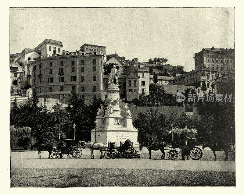 哥伦布雕像的古董照片，热那亚，意大利19世纪