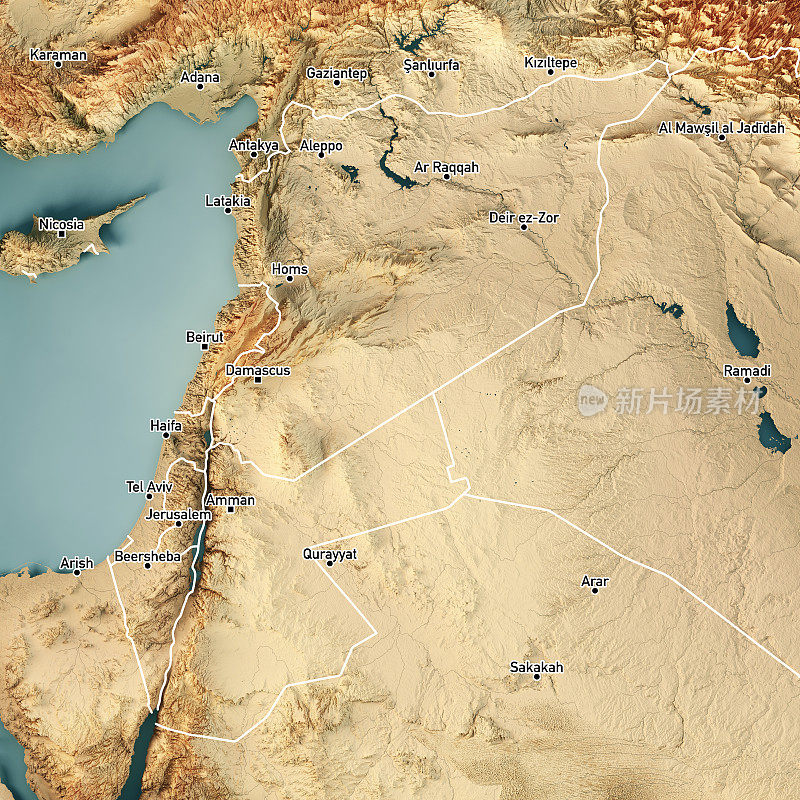 约旦叙利亚3D渲染地形图颜色边界城市