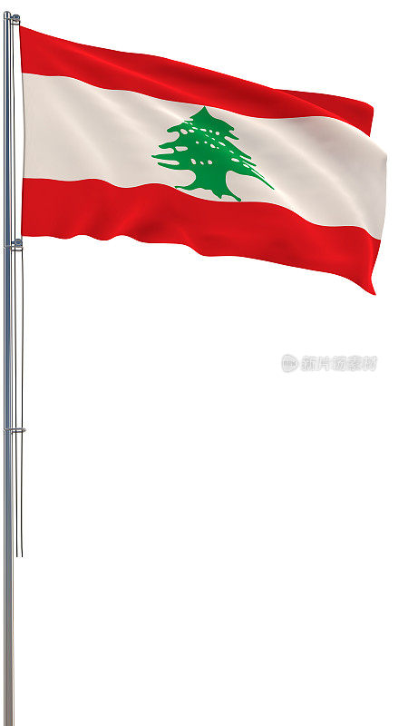 黎巴嫩国旗在风中飘扬，白色背景，逼真的3D渲染