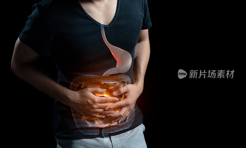 男子腹痛，身体上有大肠照片，腹痛腹泻症状，经期痉挛或食物中毒。卫生保健的概念。