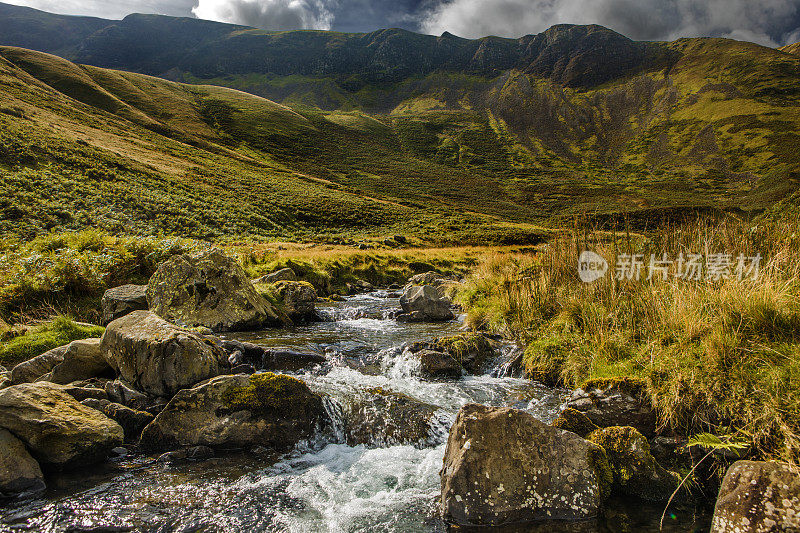 美丽的乡村溪流在英格兰北部的绿色风景中