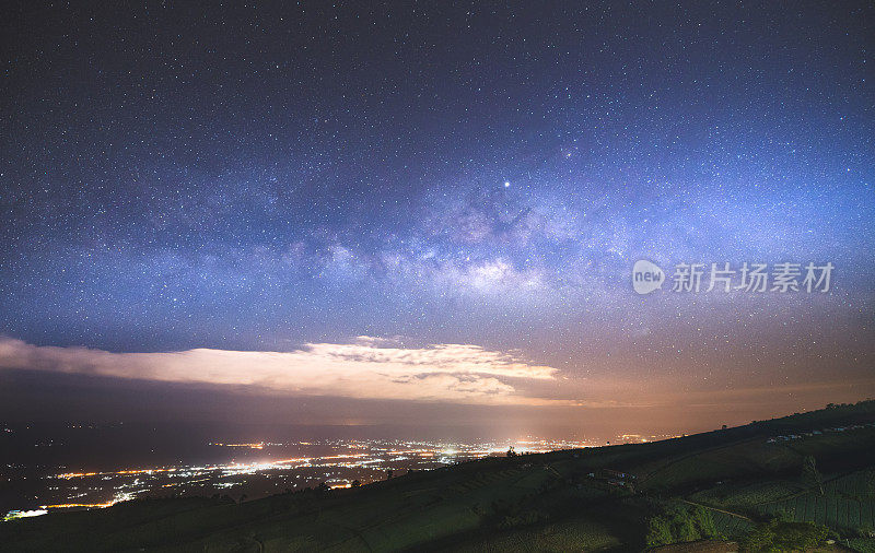 夜空中的银河景观。小黄色野营帐篷野餐在山顶照明，休闲和户外旅游概念府塔卜，泰国