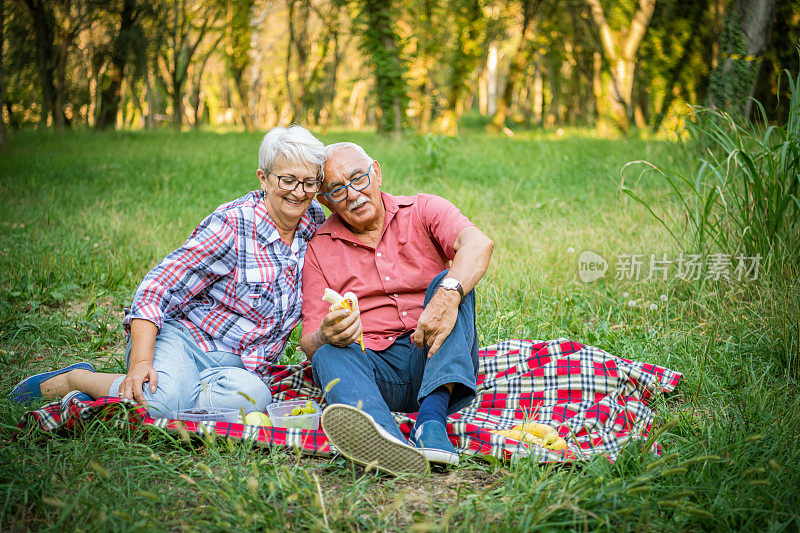 一对老年夫妇在大自然中野餐