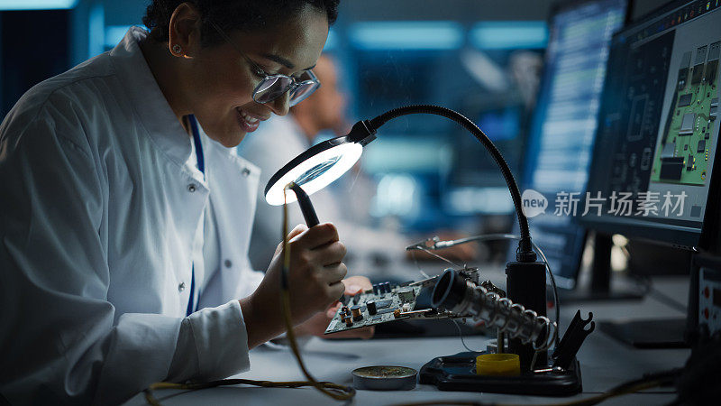 现代电子研究和开发设施:美丽的黑人女工程师做电脑主板焊接。科学家设计工业PCB，硅微芯片，半导体