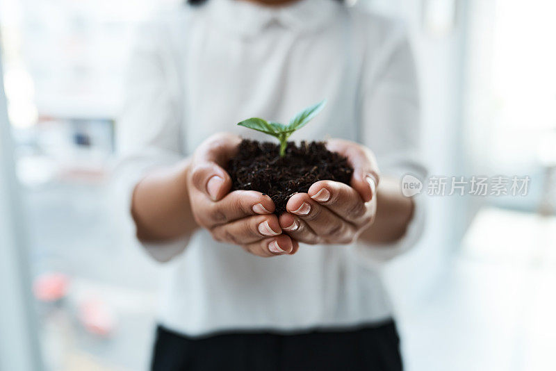 一个不知名的女商人抱着一株从土壤中长出来的植物