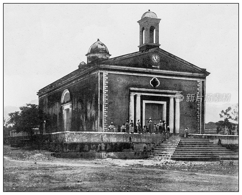 古董黑白照片:波多黎各萨巴纳格兰德大教堂