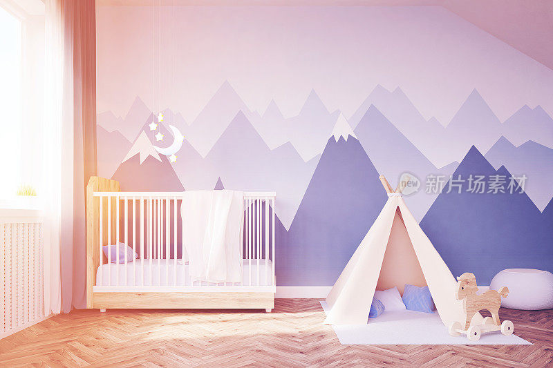 宝宝的房间有一张床和一个帐篷，色调