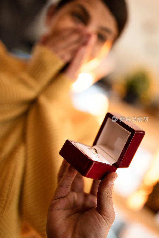 男子用订婚戒指向女友求婚的特写。