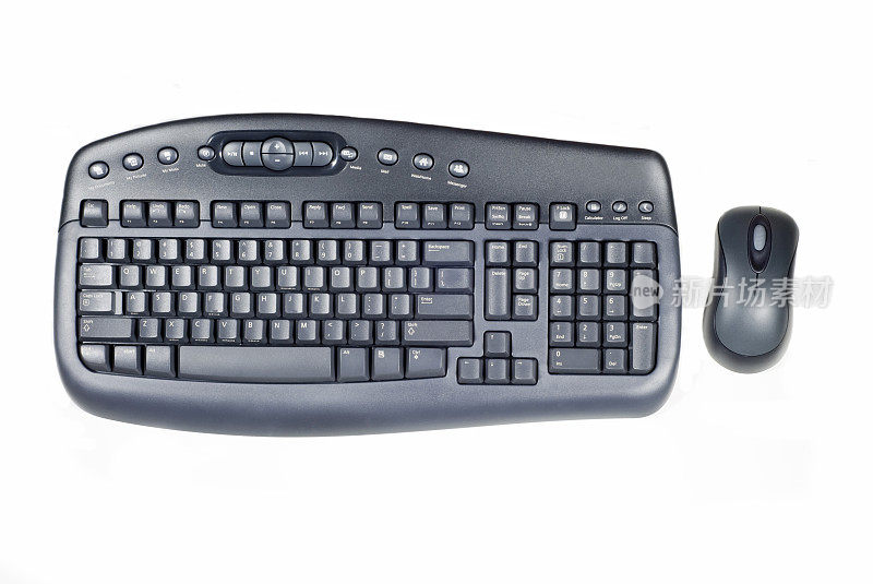 白色背景上的黑色无线键盘和鼠标。