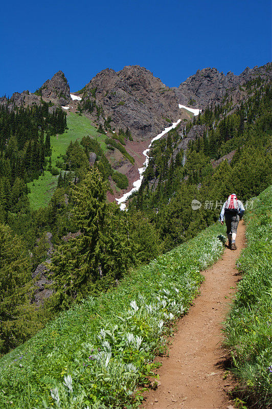 在高山小道上徒步旅行