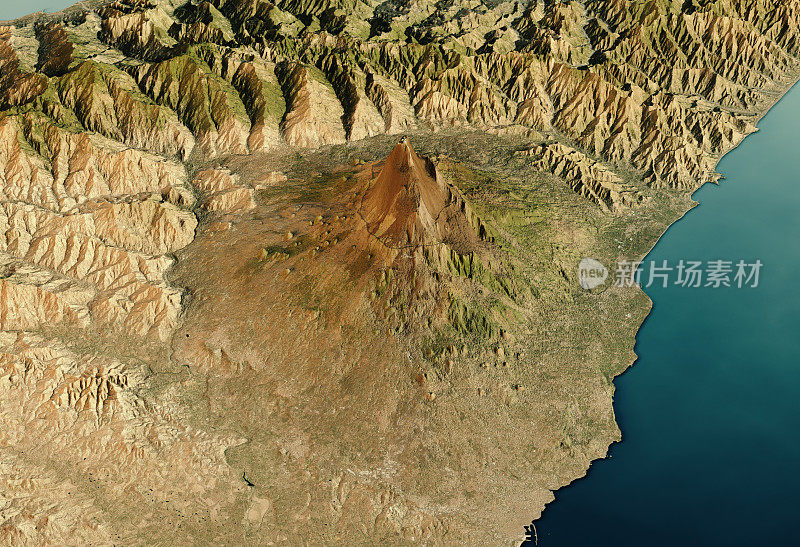 埃特纳火山3D渲染卫星视图地形图水平