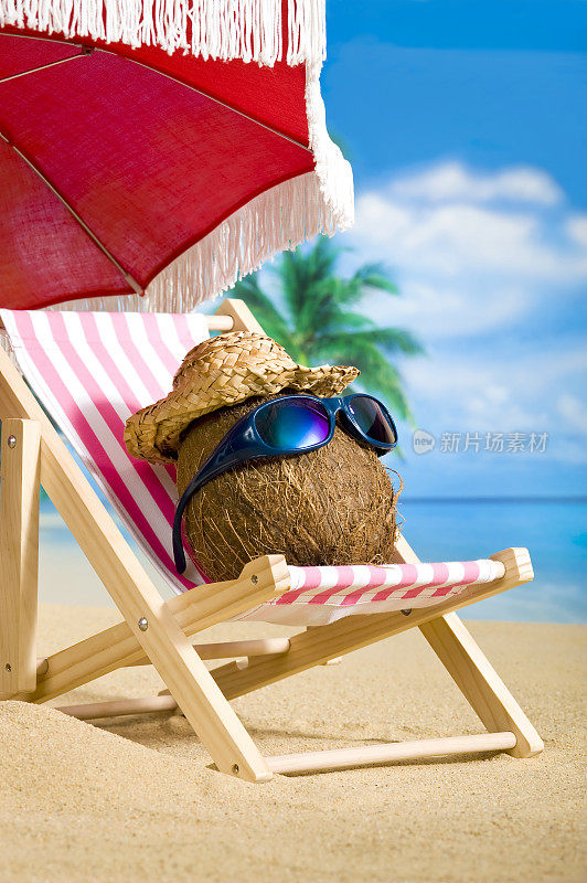 椰子在沙滩上的吊带椅上放松